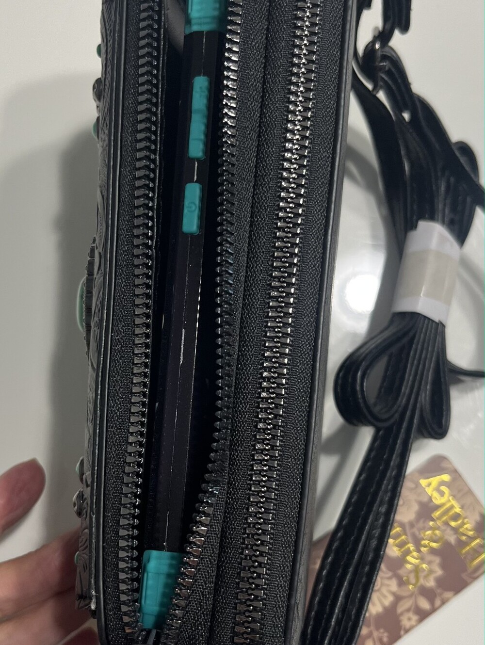 NWT Sam & Hadley Cowhide & Embossed Leather Crossbody w/ Turquoise Accents Black - Picture 15 of 15